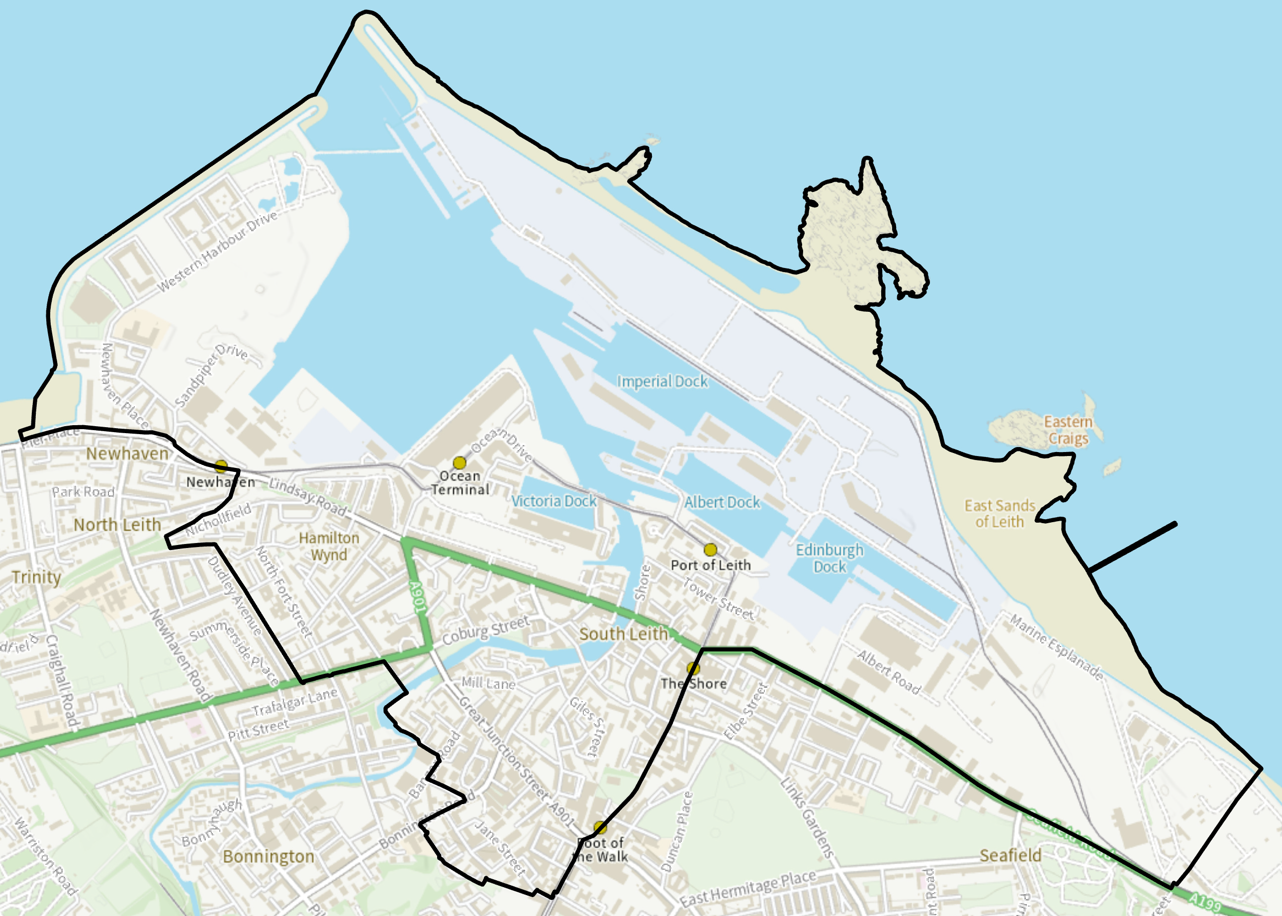 A map of North Leith and Newhaven showing the boundary of Leith Harbour and Newhaven Community Council